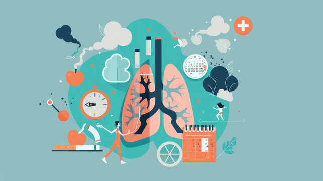 Concept of quitting smoking and healthy lifestyle. World No Tobacco Day. No smoking. Flat illustration with icons and symbols of calendar, cigarettes, lungs