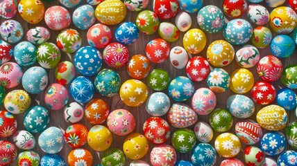 Fototapeta na wymiar Seamless flat background of colorful hand painted Easter eggs. Easter decoration, banner, panorama, background with copy space for text. Happy Easter.