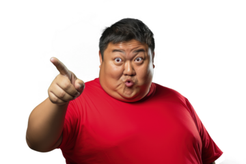 Close up of a fat asian man pointing with his finger