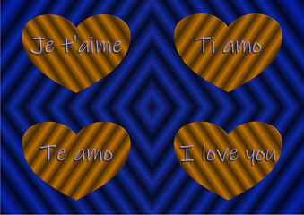 cœurs orange sur fond bleu sur lesquels sont écrits je t'aime en quatre langues