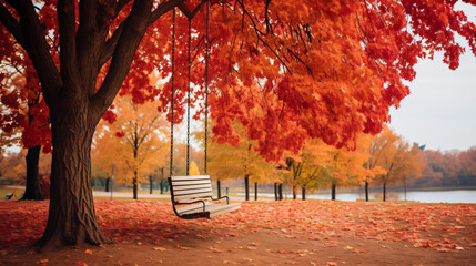 Autumn colorful bright leaves swinging in a tree in au - obrazy, fototapety, plakaty