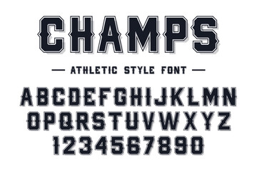 American college classic font. Vintage sports font in American style for T-shirt designs for football, baseball, and basketball teams. College, school and varsity style font, tackle twill. Vector