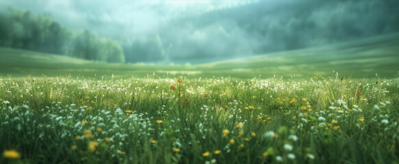 Plants and flowers are blooming in a meadow with mountains in the background, creating a peaceful and picturesque outdoor landscape. The addition of fog enhances the serene atmosphere.