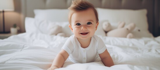 Obraz na płótnie Canvas An adorable baby boy is sitting on top of a bed with white sheets. The baby looks curious and engaged with the surroundings. The bed is neatly made, with a soft and comfortable appearance. The scene