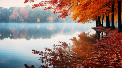 Autumn Leaves Reflecting on a Calm Lake