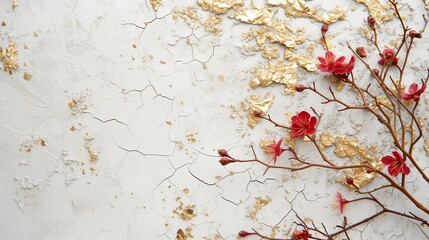cracked old surface with flowers background.