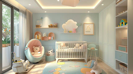 kids nursery room decor ideas , mockups , crib with neutral pastel color decor , baby room