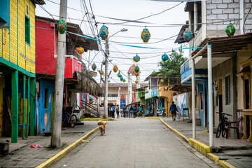 street view of montañita coastal town, ecuador	