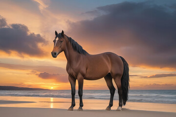 Scenic Sunset: Majestic Brown Horse Gracefully Adorns Sandy Beach Beneath Vibrant Sky. Generative AI.