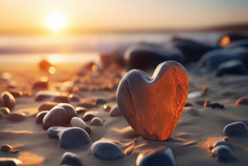 Stone in shape of heart on beach by sea.Generative AI..summer and tourism concept