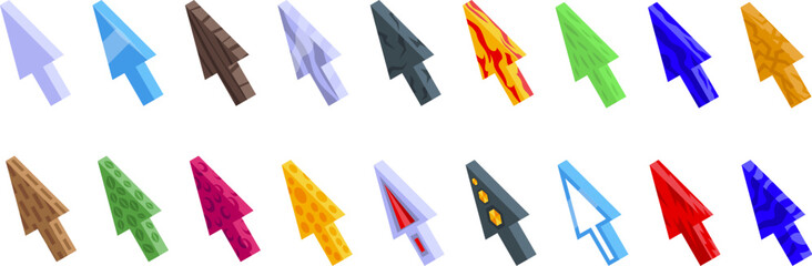 Game ui arrow icons set isometric vector. Mouse cursor play. Pointer button