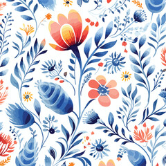 Fototapeta na wymiar Watercolor seamless pattern with flowers in ethnic 