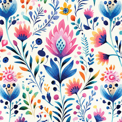 Fototapeta na wymiar Watercolor seamless pattern with folky flowers 