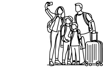 continuous one black line art drawing cheerful family taking acting selfie or video call through mobile phone outline doodle vector family travel concept