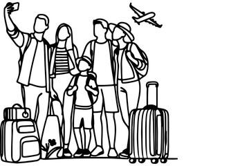continuous one black line art drawing cheerful family taking acting selfie or video call through mobile phone outline doodle vector family travel concept