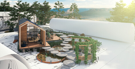Entwurf eines Einfamilienhauses in moderner Scheunen-Architektur mit Terrasse und Gartengestaltung - 3D Visualisierung