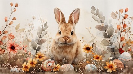 A young rabbit sits among spring flowers and painted eggs, bathed in the golden light of dawn, evoking the joy of Easter. A young rabbit sits among spring flowers and painted eggs.