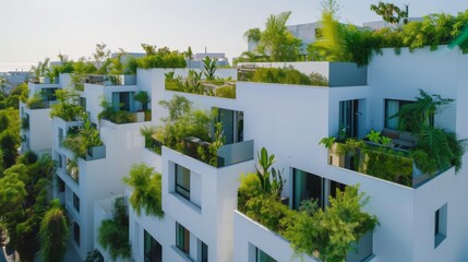 Fototapeta na wymiar Sprawling green roofs set atop white modernist buildings, creating a picturesque and sustainable living space with a fusion of nature and design.
