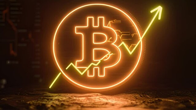 Bitcoin and cryptocurrency investing concept. Bitcoin cryptocurrency gold coin. Trading on the cryptocurrency exchange. Trends in bitcoin exchange rates. Rise and fall charts of bitcoin.green arrow 4k