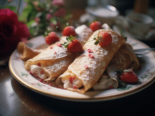 Crepes, pancakes with berries. Maslenitsa Pancake week. Healthy breakfast. Cozy morning.