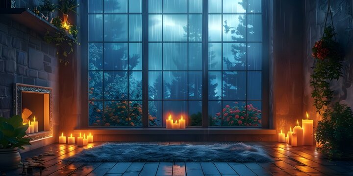 Vector style cozy room with fireplace candles rain outside looping lofi video. Concept Vector Art, Cozy Room, Fireplace, Rainy Weather, Lofi Music Video