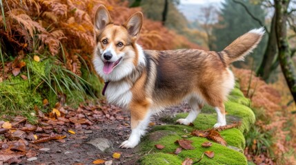 A brown and white dog is standing on a mossy rock