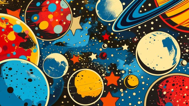 Artistic and stylized, this image captures the mystery of the cosmos with abstract planets and celestial motifs set against the deep expanse of a star-filled space.