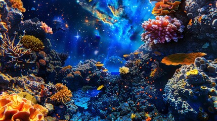 Naklejka na ściany i meble An illustration that dives into the heart of a coral ecosystem, enveloped by a radiant galactic aura, where oceanic life meets celestial wonder.