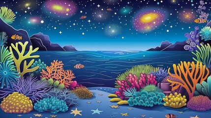 Majestic marine life meets the cosmos in this illustration, merging the deep blue sea with a celestial night sky filled with stars and nebulae.