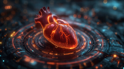 the heart in a digital neon circle. digital technology and health technology concept.