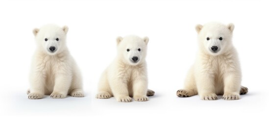 Three polar bears of varying sizes and ages are seated next to each other on a white background. The bears appear relaxed and are observing their surroundings.