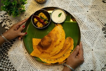 Masala Dosa / Indian Savory Crepes with potato filling top down view