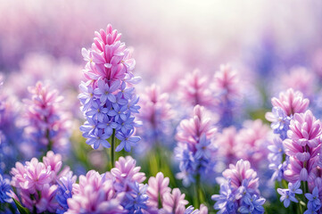 Fototapeta premium Field of purple flowers with the sun shining brightly in the background