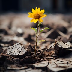 radiant yellow flower growing amidst the cracked, muddy ground - obrazy, fototapety, plakaty