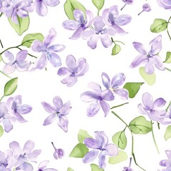 A seamless watercolor pattern featuring soft lilac flowers and fresh green leaves, perfect for spring textiles, wallpapers, and backgrounds.