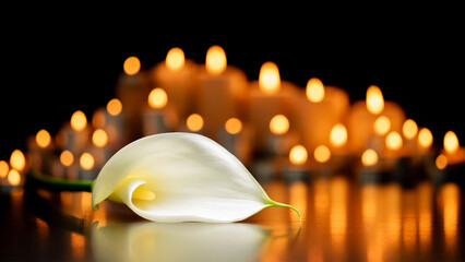 CALLA LILY FLOWER AND LIGHTED CANDLES ON DARK BACKGROUND AT A FUNERAL FOR DEATH. ALL SOULS DAY.