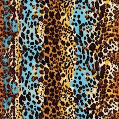 A bold and vivid seamless pattern featuring leopard spots in turquoise and yellow on a deep brown backdrop, ideal for textiles and wallpapers.