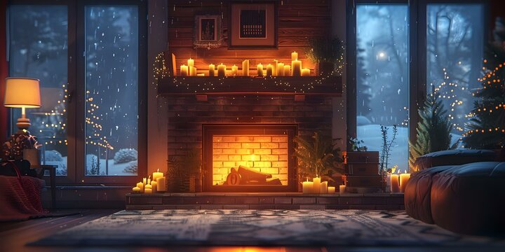Looping Lofi Video: Vector Style Cozy Room with Fireplace, Candles, and Rain Outside. Concept Cozy Room, Fireplace, Rain Outside, Vector Style, Lofi Video