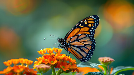Fototapeta premium A monarch butterfly with large orange wings rests on a cluster of green milkweed pods. This colorful insect relies on milkweed for survival.
