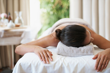 Relax, peace and woman at spa for skincare, massage and calm at luxury resort. Beauty, therapy and...