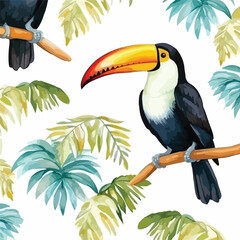 Watercolor seamless pattern with toucan. Summer tropical