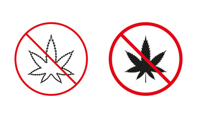 No Marijuana Allowed Warning Sign Set. Smoking Forbidden, Cannabis Prohibit Line And Silhouette Icons. Weed, Hemp, THC In Red Circle Symbol. Isolated Vector Illustration