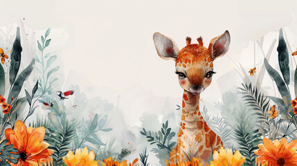 a cute baby giraffe portrait or poster for baby nursery room , can be used for wallpapers and cards for baby shower and birthdays - obrazy, fototapety, plakaty