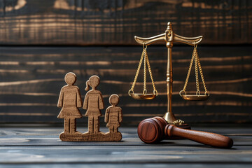 Family figures with judge's gavel and justice scales on dark wooden background (1).png - obrazy, fototapety, plakaty
