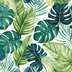 Watercolor seamless pattern with tropical leaves. 