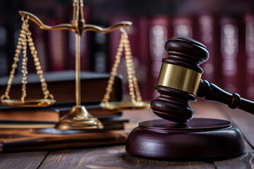 law and justice is represented by a mallet gavel of the judge, scales of justice, and books (1).png - obrazy, fototapety, plakaty