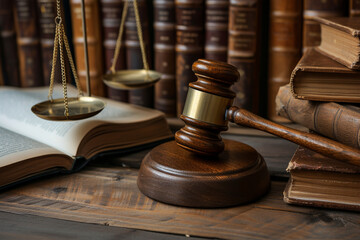 law and justice is represented by a mallet gavel of the judge, scales of justice, and books (1).png - obrazy, fototapety, plakaty