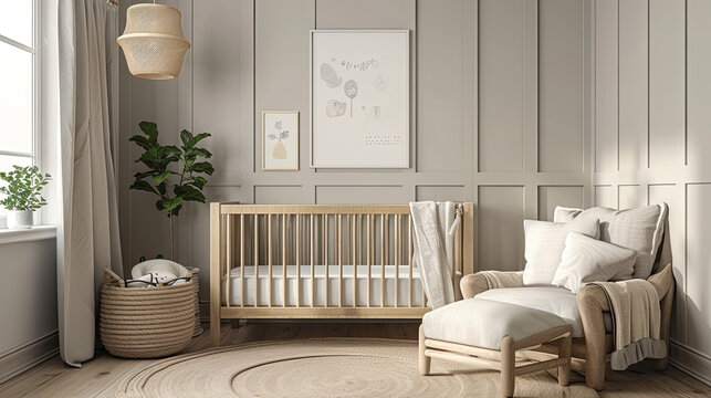 Gender neutral baby nursery room and decor over beige background. baby shower or birth announcement cards or wallpapers, with neutral theme , 