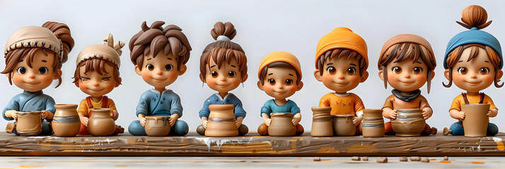 A 3D animated cartoon render of cheerful kids attending pottery class together.