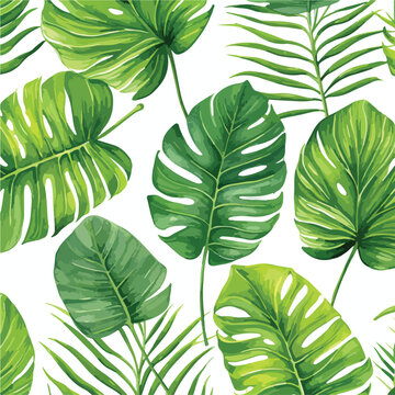 Watercolor seamless pattern with tropical leaves palnts